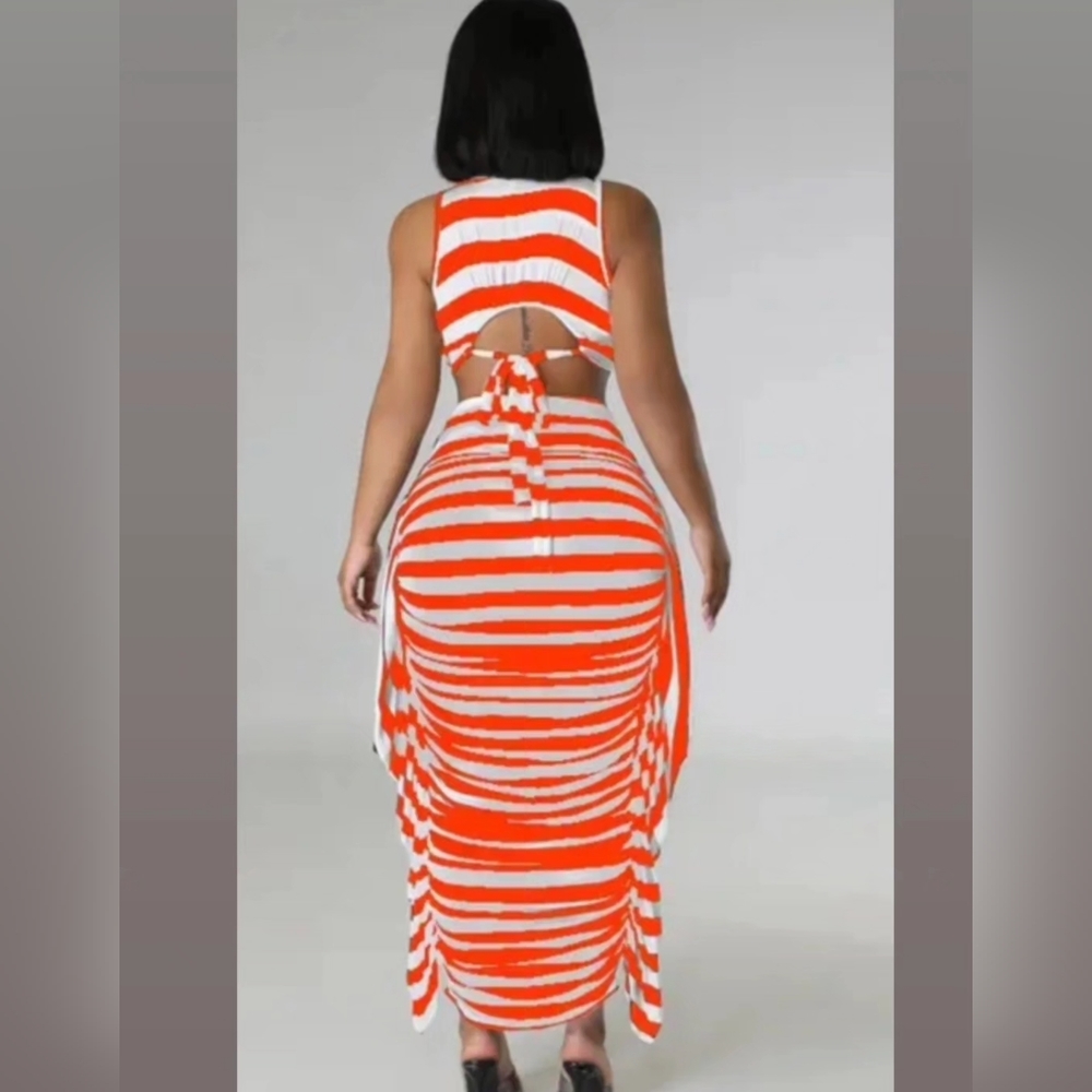 Maxi Skirt Set, Orange And White Stripes, Polyester/ Spandex Fabric, NWT - Picture 2 of 3